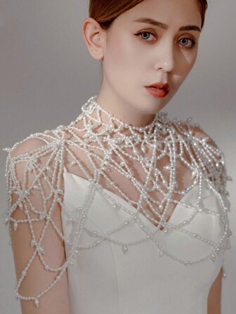 1入新娘婚禮披肩配鏈結婚項鍊珠寶豪華手工編結婚披肩,適用於婚禮、派對、電影和電視道具、情侶禮物優雅