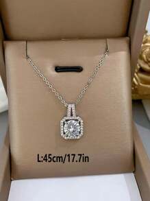 1pc Full Diamond Square Cubic Zirconia Pendant Ladies Necklace - Silver - View 4