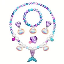 美人魚尾貝殼吊墜項鍊+手環+耳環+戒指套裝,公主裝飾配件,女孩珠寶五件套