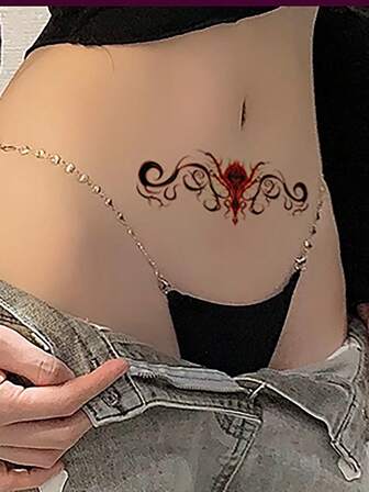 1張性感防水暫時性紋身貼紙,適用於私密部位、肚臍、下背部、胸前,有純慾、心臟圖騰和果汁圖案可選