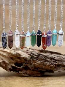 1pc Natural Stone Hexagonal Column Pendant Necklace For Yoga Anxiety Relief, Made With Crystal, Rose Quartz, Fluorite, Blue Sandstone, Dowsing Pendulum Pendant, Chakra Necklaces, Fashion Jewellery - Multicolor - View 1