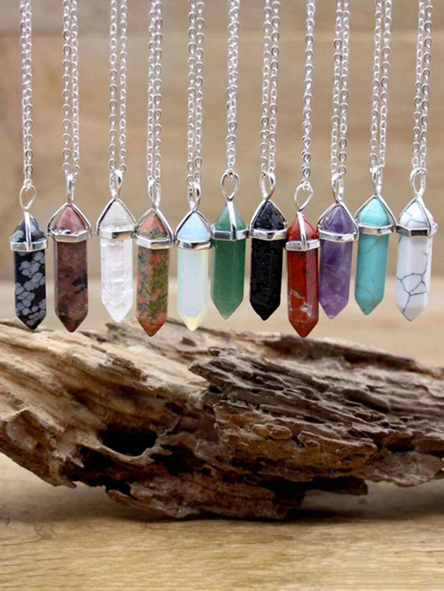 1pc Natural Stone Hexagonal Column Pendant Necklace For Yoga Anxiety Relief, Made With Crystal, Rose Quartz, Fluorite, Blue Sandstone, Dowsing Pendulum Pendant, Chakra Necklaces, Fashion Jewellery - Multicolor - View 1