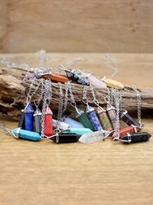 1pc Natural Stone Hexagonal Column Pendant Necklace For Yoga Anxiety Relief, Made With Crystal, Rose Quartz, Fluorite, Blue Sandstone, Dowsing Pendulum Pendant, Chakra Necklaces, Fashion Jewellery - Multicolor - View 5