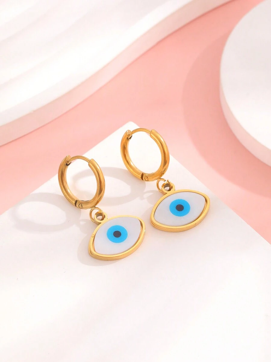 1pc Luxury Blue Shell Eyes & Gold Plated Ear Clip Earrings For Cross-border - Gold - View 1