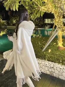 1件女式新復古流蘇設計冬季連帽披風大衣,厚雙面絨毛羊絨毛外套,大毛領,兔毛,蝙蝠袖,日常/日期/旅行禮品 - 杏色 - 查看 7