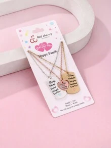 3入組媽媽爸爸女兒英文字母心形設計鋅合金黑油滴家庭項鍊套裝,非常適合日常佩戴