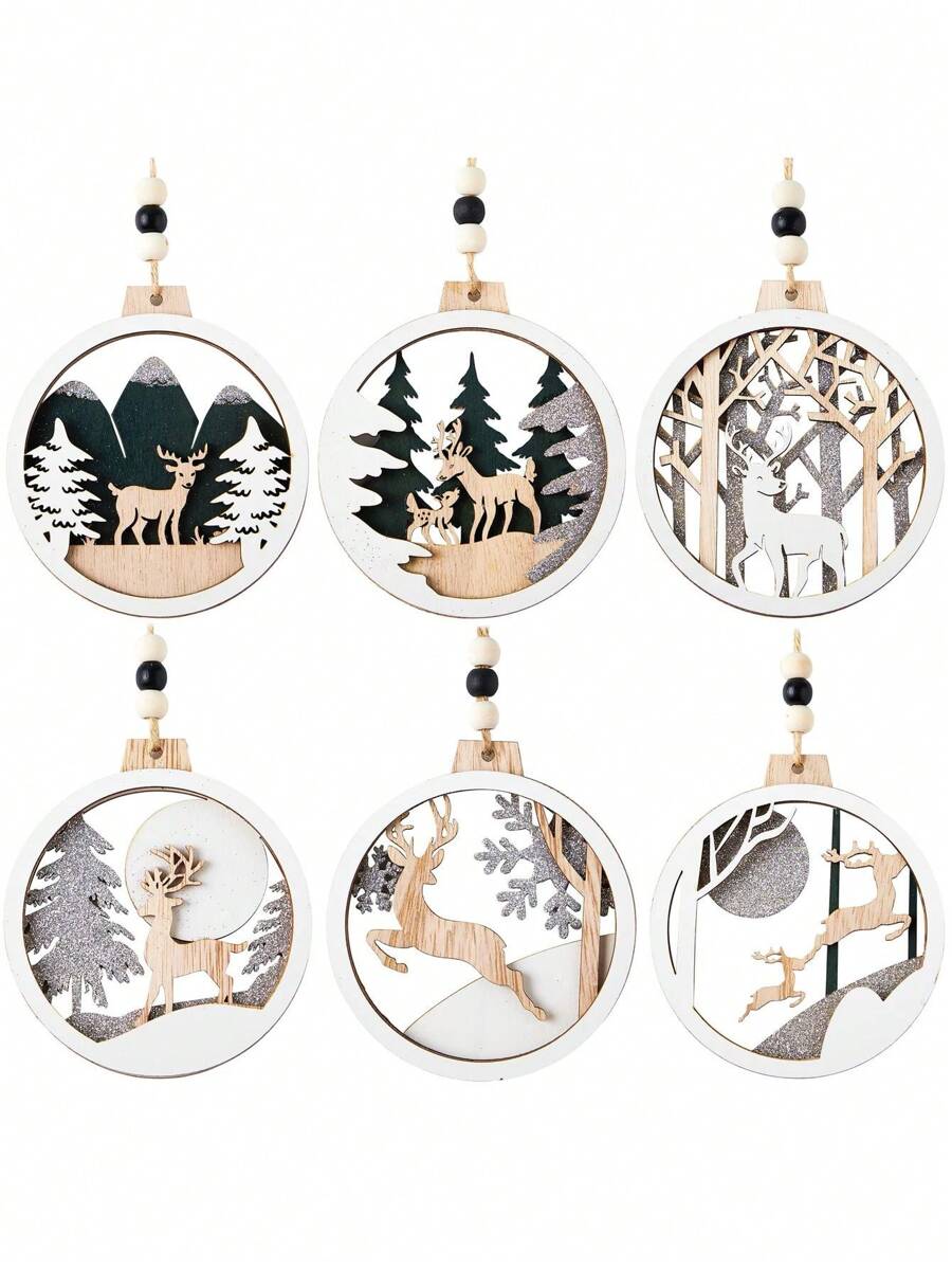 Joiedomi 6pcs Christmas Hanging Wooden Ornaments Hanging Reindeer Ornaments for Indoor/Outdoor Holidays, Party Decoration, Tree Ornaments, Events, and Christmas - 馴鹿木製裝飾品 - 查看 1