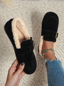 女士黑色带扣设计保暖内衬乐福鞋，2023 年最新莫卡辛鞋/便士鞋，冬季一脚蹬平底舒适休闲鞋 - 黑色 - 查看 5