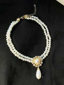 優雅的人造珍珠珠寶套裝,包括1條項鍊和1對耳環,適合日常穿戴和節日 - 彩色 - 查看 4