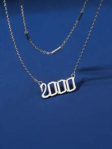 2入組時尚不鏽鋼生肖數字吊墜項鍊,女士生日禮物套裝 - 銀色 - 查看 2