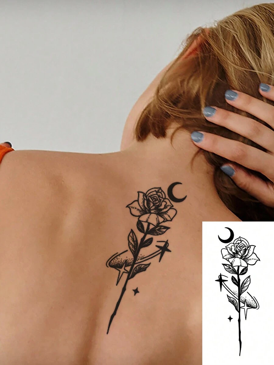 1入組星空,花朵和新月設計的防水pvc臨時紋身貼紙,適合潮流人士日常使用 - 黑色 - 查看 1