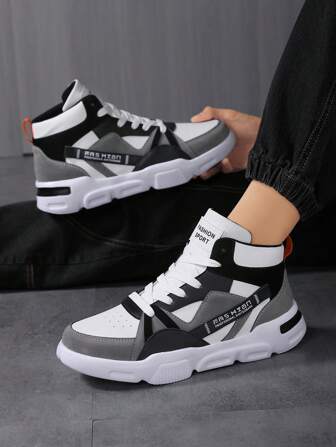 Men's New Letter Pattern Bicolor Shoelace Design Contrast Color Lightweight Casual High-Top Skateboarding Shoes