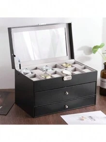 3層pu皮革珠寶太陽眼鏡手錶收納盒,大容量珠寶盒抗氧化防塵配蓋,適用於家居使用 - 黑色 - 查看 5