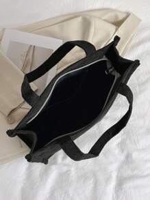 极简主义风格休闲女士灯芯绒单肩手提包手提包大容量灯芯绒手提包，轻便单肩购物袋，复古通勤女士手提包返校，教师礼物理想礼物，感谢礼物，感谢礼物，字母礼品袋，可重复使用，教师包，节日购物袋教育工作者，妈妈理想的新娘女仆礼物，学生手提包，多个隔层，非常适合海滩、学校、工作和日常使用 - 黑色 - 查看 7