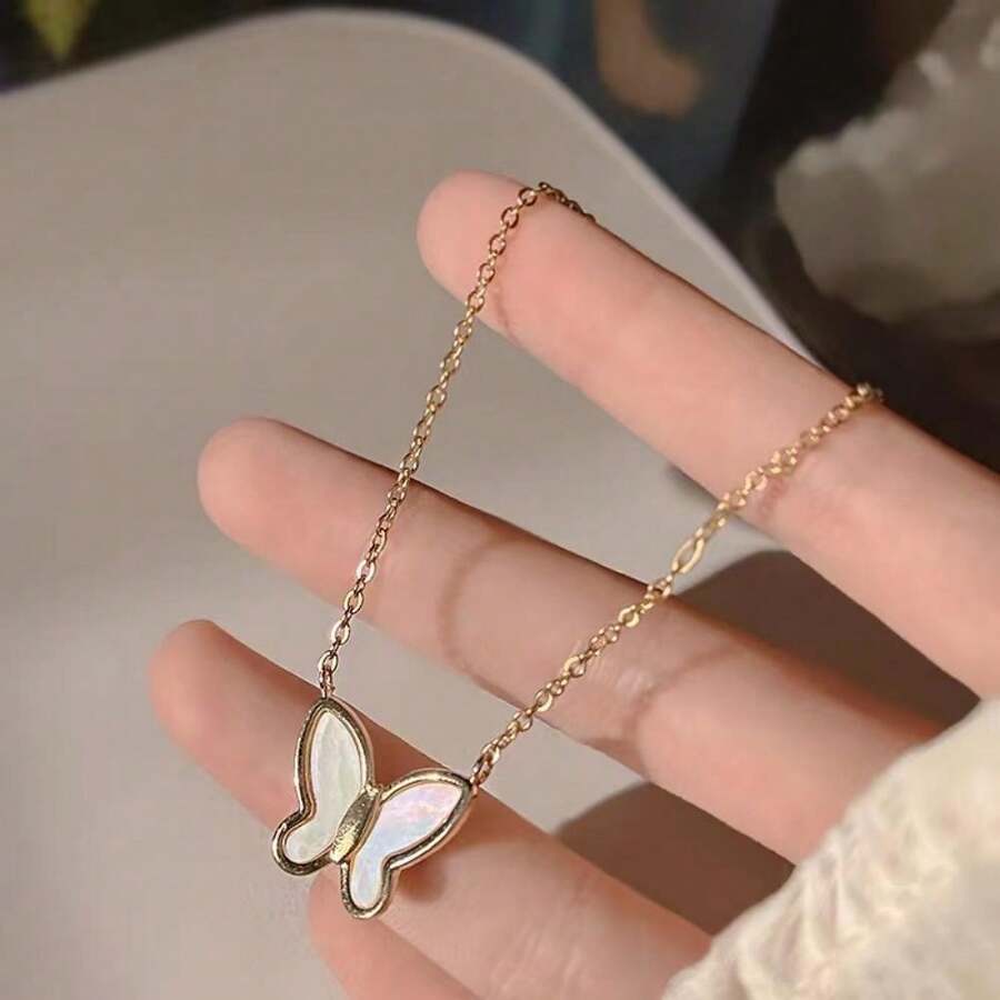 1pc Simple & Delicate Stainless Steel Butterfly Bone Chain Suitable For Women's Daily Wear - Yellow Gold - View 1