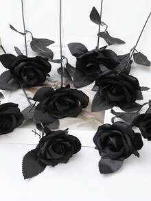 1朵人造黑玫瑰,適合萬聖節和黑色主題裝飾 - 黑色 - 查看 5