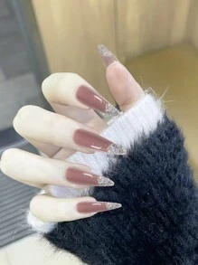 24/48/72/96pcs Glitter Gradient French False Nail Tips, Pointed Shape - Multicolor - View 1