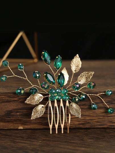 1 pieptene de păr pentru mireasă cu frunze aurii pentru femei, cu piepteni cu cristale verde smarald, pentru pieptene lateral, accesorii școlare, nuntă