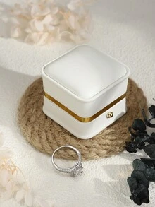 1pc White Pu Leather Gold Edged Ring Box - White - View 7