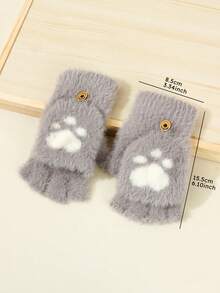 8-12歲冬季保暖半指翻轉針織卡通手套,男女兒童款,內嵌毛絨材質 - 灰色 - 查看 2