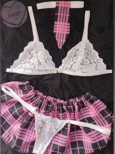 Conjunto colegiala sexy rosa con blanco