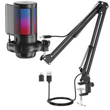 1 Set NJSJ USB Gaming Microphone For PC, Condenser Mic With Arm Mount Compatible With PS4///Mobile Phone, Touch Mute, RGB Lighting, Gain Knob And Monitoring Jack For Streaming, Podcast,