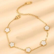 1 件五瓣花和珍珠母貝裝飾不銹鋼手鍊,簡約獨特的女士設計