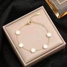 1 件五瓣花和珍珠母貝裝飾不銹鋼手鍊,簡約獨特的女士設計