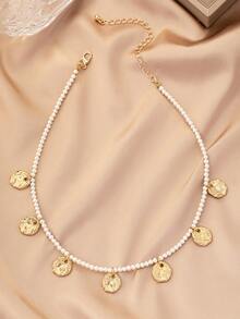 1條歐美復古誇張多金屬吊墜珍珠短項鍊,適合女性日常穿著,做為禮物或珠寶配飾 - 金色 - 查看 2