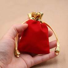 5pcs Red Velvet Small Drawstring Bags For Party Favor Decoration, Small Size With Golden Edge For Jewelry, Velvet Bags With Pull Cord For Storing Ornaments, Gift-wrap Pouches With Drawstring For Christmas Decorations, Hanging Bags For Christmas Tree Decoration - Red - View 4