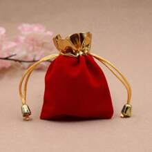 5pcs Red Velvet Small Drawstring Bags For Party Favor Decoration, Small Size With Golden Edge For Jewelry, Velvet Bags With Pull Cord For Storing Ornaments, Gift-wrap Pouches With Drawstring For Christmas Decorations, Hanging Bags For Christmas Tree Decoration - Red - View 1