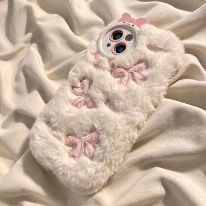 حافظة هاتف مطرزة بفيونكة جميلة من القماش الناعم اللون البيج متوافقة مع هاتف آيفون، كاواييي مقاومة للماء والصدمات ومقاومة للخدش