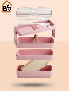 BYQ Bento Lunch Box For Adults Stackable 3 In 1 Compartment Wheat Straw Meal Prep Containers Lunch Box With Spoon And Fork 900ml - Pink - View 4