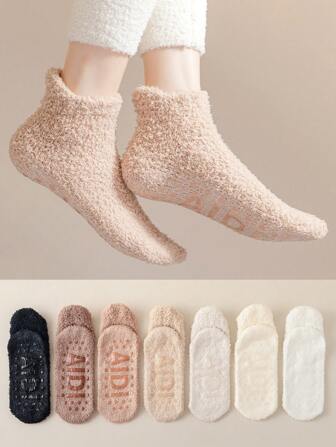 3pairs Women's Random Color Anti-slip Plush Winter Socks, Suitable For Daily Wear