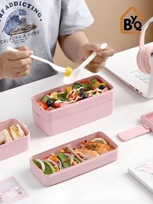 BYQ Bento Lunch Box For Adults Stackable 3 In 1 Compartment Wheat Straw Meal Prep Containers Lunch Box With Spoon And Fork 900ml - Pink - View 3