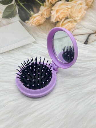 مشط تدليك مصمم بلون سادة للنساء مع مرآة مدمجة، مشط تدليك مصغر محمول بوسادة هوائية للاستخدام أثناء التنقل