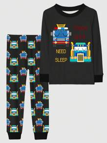 2pcs Tween Boy Truck Print Snug Fit Pajama Set For Home