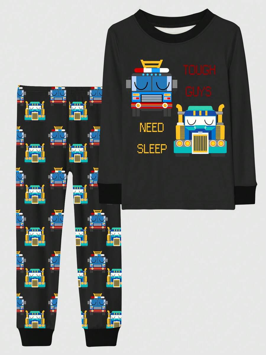 2pcs Tween Boy Truck Print Snug Fit Pajama Set For Home