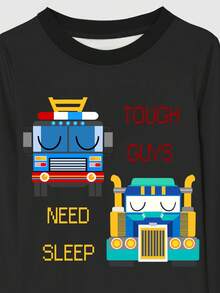 2pcs Tween Boy Truck Print Snug Fit Pajama Set For Home