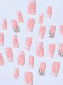 24pcs/Set Long Coffin Shaped Rhinestone 3d Decorated False Nails With 1 Nail File And 1 Jelly Glue Press On Nails Nail Supplies
