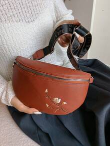 棕色壓花pu時尚單肩斜背胸包腰包適合女性日常