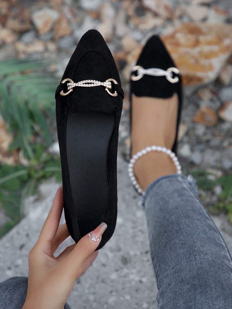Ladies' New Spring & Autumn Fashionable Versatile Flat Shoes With Metallic Chain & Rhinestone Decoration - Black - View 1