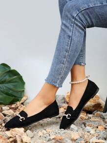 Ladies' New Spring & Autumn Fashionable Versatile Flat Shoes With Metallic Chain & Rhinestone Decoration - Black - View 3