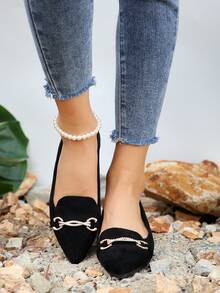 Ladies' New Spring & Autumn Fashionable Versatile Flat Shoes With Metallic Chain & Rhinestone Decoration - Black - View 5