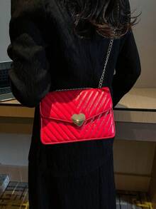 小型、獨特設計刺繡鑽石圖案鏈條單肩斜背包帶流蘇吊墜女式大容量單色手提包帶鏈條肩帶 - 紅色 - 查看 3