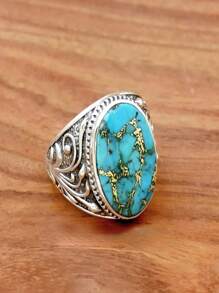1pc Vintage Turquoise Stone Ring For Women (marbling Pattern Is Random) - Silver - View 2