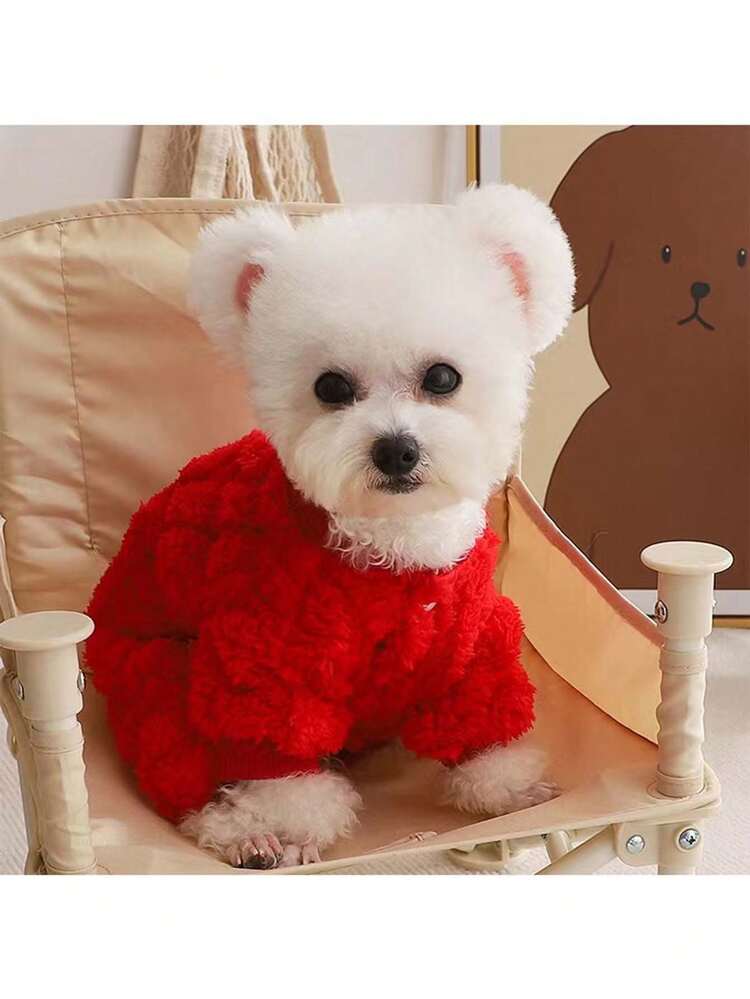 加厚扭紋四腳寵物衣服貓狗冬季 - 紅色 - 查看 4
