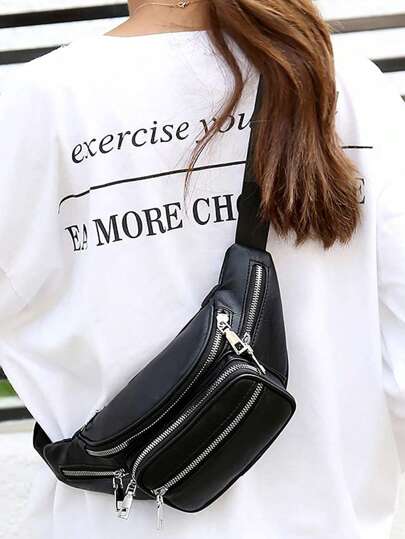 حقيبة خصر/صدر ذات جيوب متعددة من الجلد الصناعي مقاوم للماء والتآكل بلون أسود للجنسين، حقيبة أنيقة للخصر للاستعمال في اليوم الأول من المدرسة