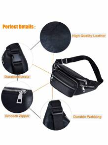 男女通用防水耐磨 PU 皮革黑色腰包，带多个口袋，时尚腰包，胸包，适合开学第一天的学院风腰包 - 黑色 - 查看 5