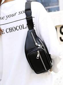 男女通用防水耐磨 PU 皮革黑色腰包，带多个口袋，时尚腰包，胸包，适合开学第一天的学院风腰包 - 黑色 - 查看 2